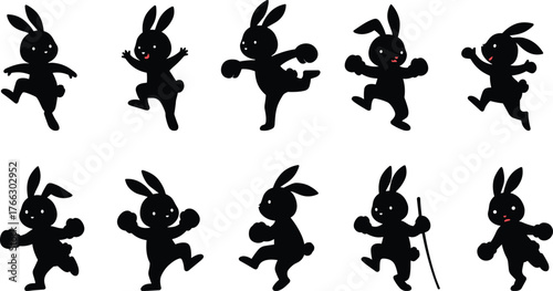 Cartoon rabbit silhouette vector set with dynamic poses, expressive bunny illustration for animation, character design, fun, and playful themes