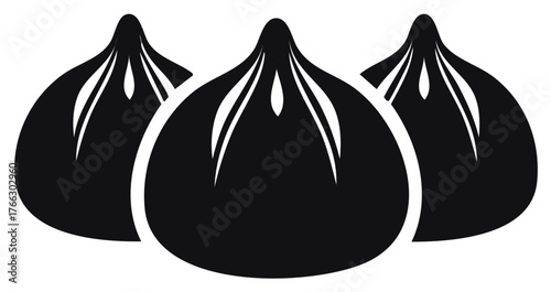 Steamed dumplings in a row a trio of dough pockets savory Asian cuisine simple shapes isolated on a blank background