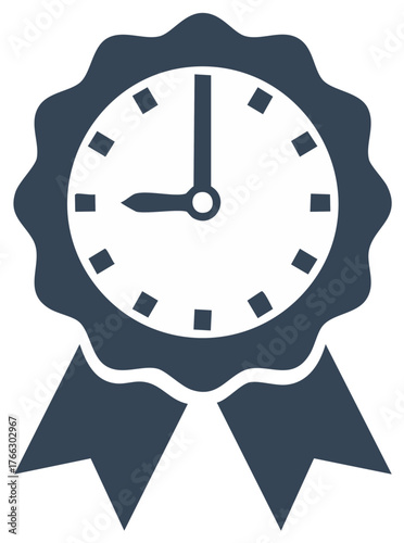 Time award icon with clock and ribbon for punctuality and timely service