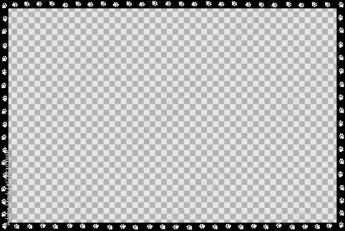 Horizontal black frame with white animal tracks. Flat vector design. Space for congratulations and text. Isolated on chess background.