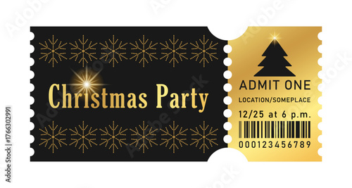 Christmas party ticket template. Black and gold background with festive items. Layout includes sample text, date, time and number. Admit one ticket for organizing and promoting holiday events and cozy