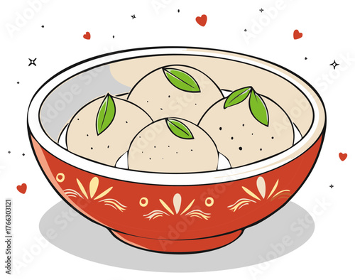 Dumplings Illustration in a Bowl with Decorative Hearts and Stars Drawing
