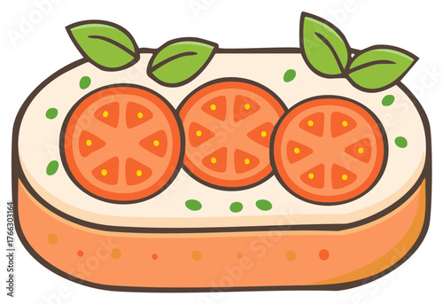 Cute cartoon illustration of Italian bruschetta with tomato slices and fresh basil