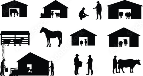 Farm Animal Silhouettes Inside Barn with People Feeding, Caring, and Interacting — Rural Agriculture Scene for Farming and Livestock Concepts