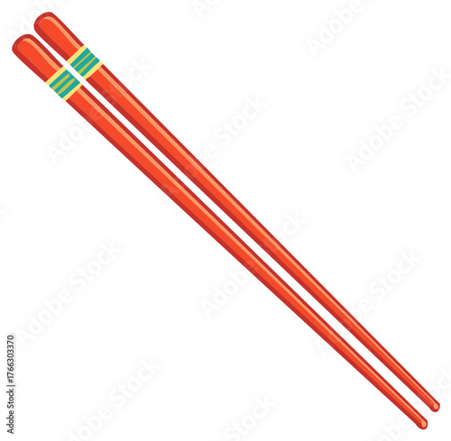 Pair of red chopsticks with colorful bands isolated on white background.