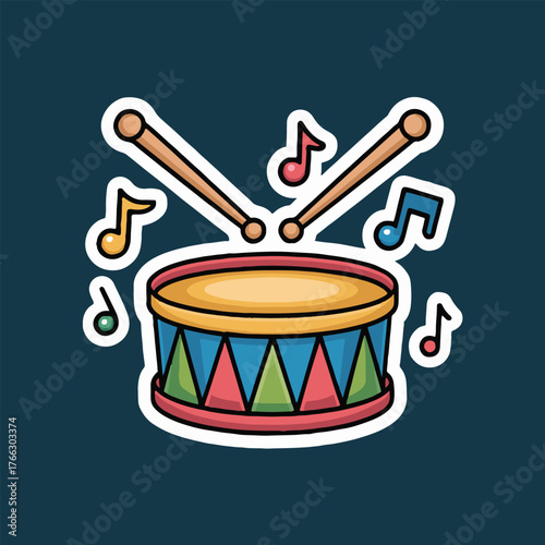 A cartoon drum with drumsticks and musical notes floating around it on a dark blue background