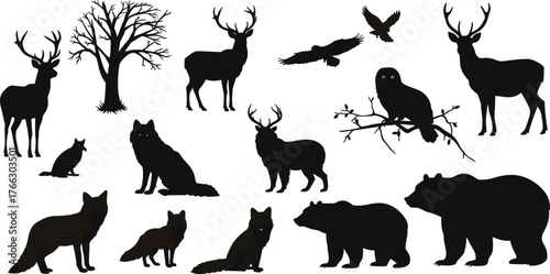 Forest animal silhouettes including deer, wolves, bears, foxes, birds, owl, cat, and tree, perfect for nature design and education.