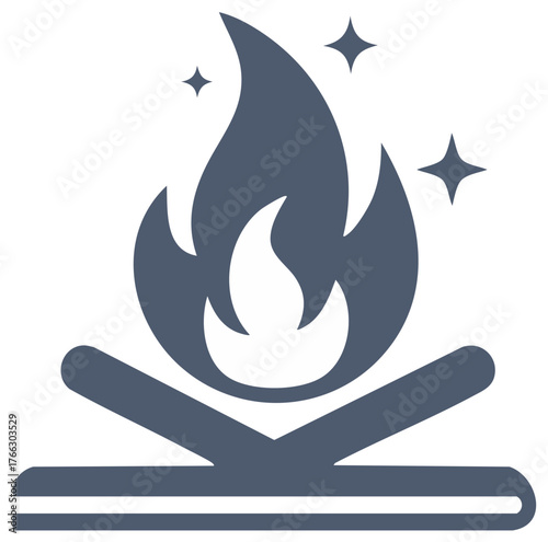 Stylized graphic of a campfire with flickering flames and stars, representing warmth and outdoor activity