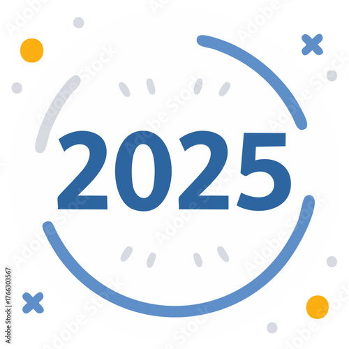 The year 2025 displayed with a decorative circle and scattered elements, illustrating future anticipation