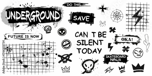 Collection of hand drawn graffiti style elements with bold text and symbols for urban culture and rebellious themes