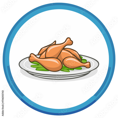 Roasted chicken platter with cooked poultry drumsticks vector illustration icon