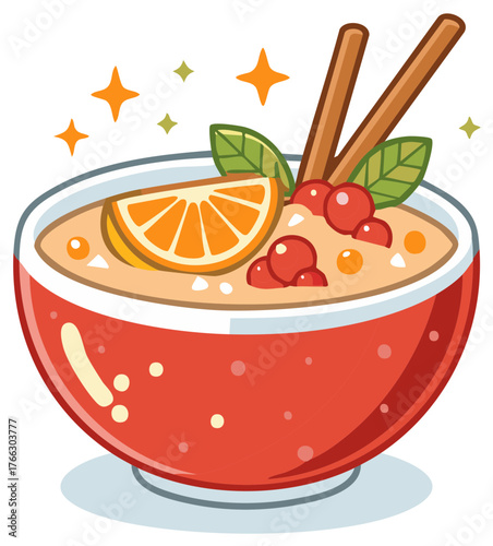 Sparkling breakfast bowl with orange cranberries mint and cinnamon sticks