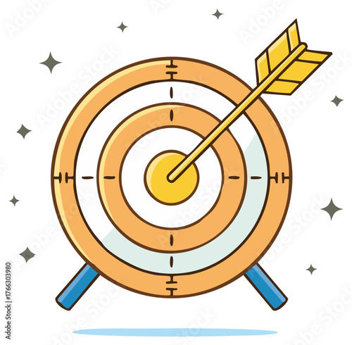 Cartoon target with arrow hitting the center bullseye for success and goal achievement concept
