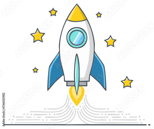 Stylized Cartoon Rocket Spaceship Blasting Off into Starry Sky with Exhaust Trail
