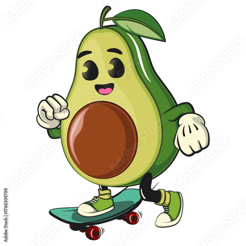 cute avocado mascot cartoon vector illustration playing skateboarding, healthy food concept, isolated funny fruit design for logo, kids, and nutrition themes, work of hand drawn