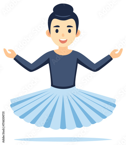 Cute cartoon ballerina girl in blue tutu performing ballet dance pose