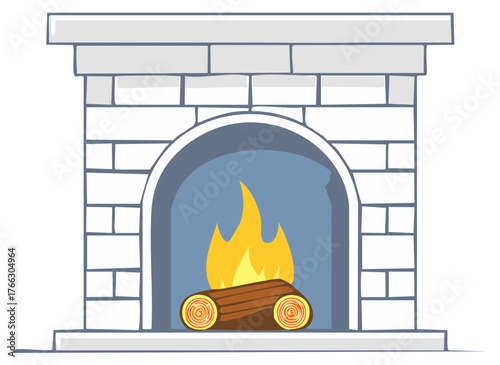 Cozy White Brick Fireplace with Burning Logs Cartoon Illustration