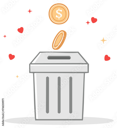 Donation Box with Coins and Hearts for Charity Giving and Financial Support Campaigns and Initiatives