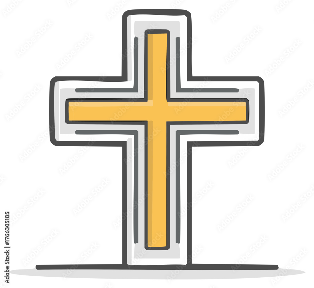 Obraz premium Stylized illustration of a yellow cross with white and gray outlining on a flat plain