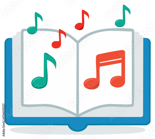 Open Book with Floating Musical Notes Illustration