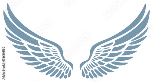 Two grey angel wings facing outwards against a white background representing freedom or religion and spirituality.