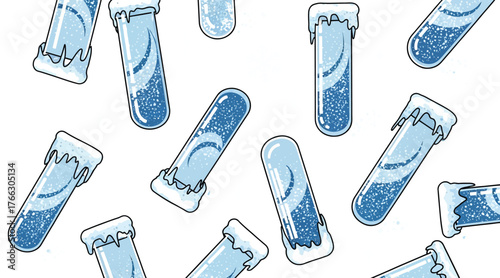 A winter themed background with test tubes filled with blue liquid and snow on a transparent background, clean vector art