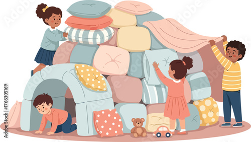 Children building a pillow fort together in a brightly lit room with a toy car present flat design vector, editable EPS