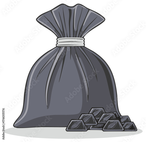 Black Tied Bag and Pile of Dark Lumps Illustrating Waste Fuel or Raw Material