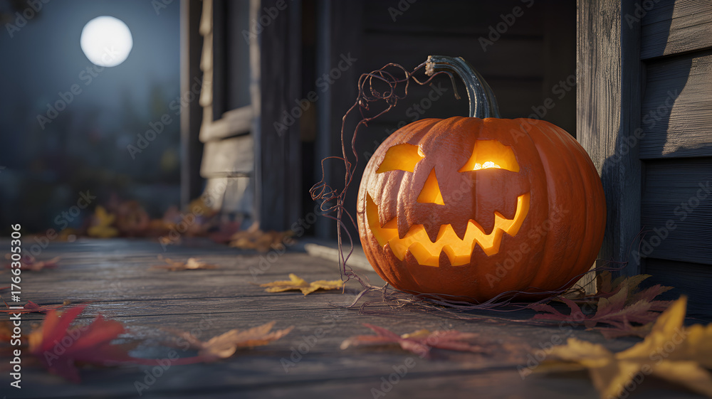 Obraz premium A carved halloween pumpkin with a glowing, menacing face sits on a wooden porch step at night, illuminated from within, surrounded by fallen autumn leaves under a full moon