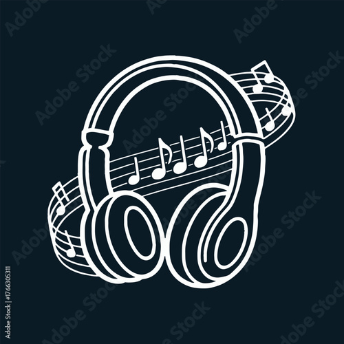 White headphones with music notes floating around it on a dark blue background illustration art