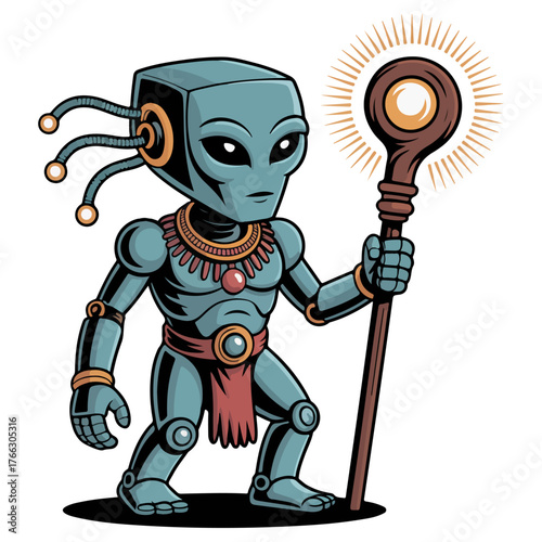An extraterrestrial robot alien holding a magical staff and looking boldly. The alien has a striking metallic appearance with intricate details. 