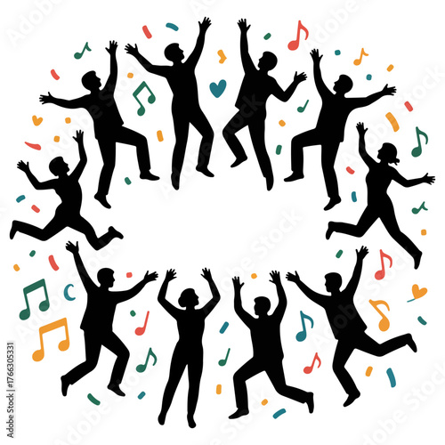 Celebration of silhouetted figures with musical notes