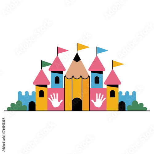 A creative castle concept with pencil design. The castle features colorful towers, a pencil in the center, and handprints, perfect for education and creativity