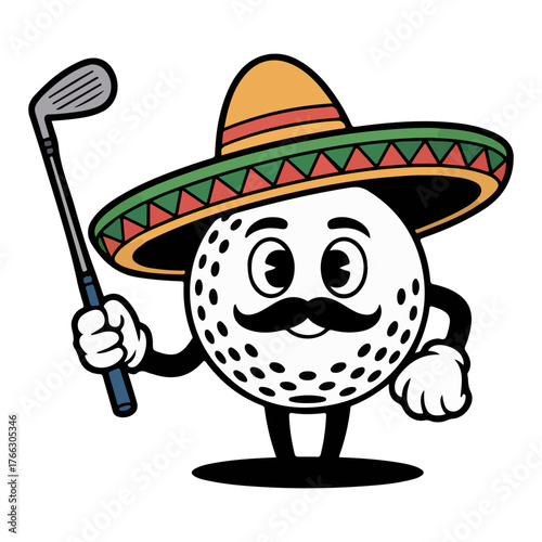 Golf ball with mustache and sombrero holding a club smiling 