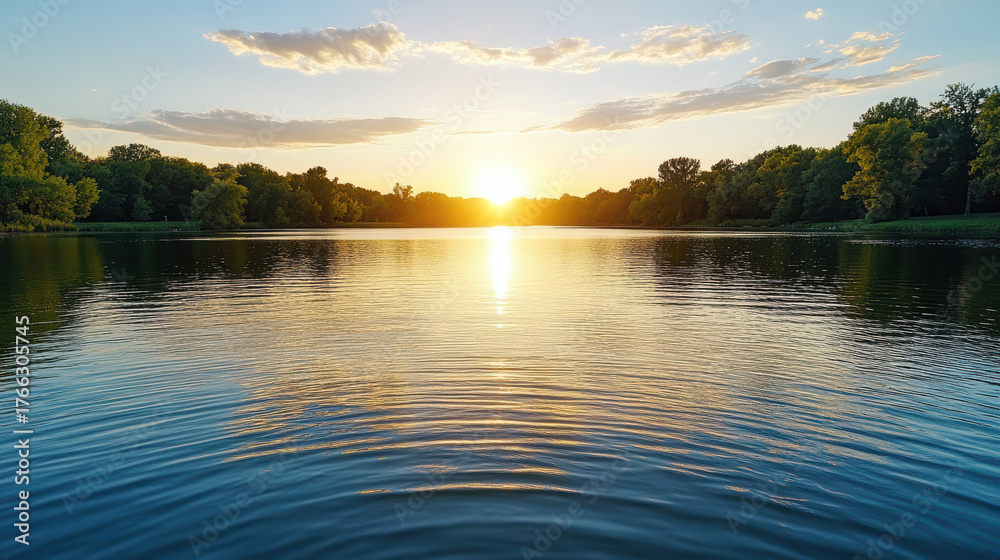 Obraz premium Golden sunrise over calm lake, reflecting trees and clouds, creating serene atmosphere