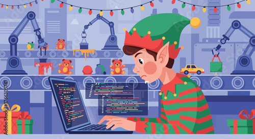 Elf coding at Santa's workshop with conveyor belt, robotic arms, gifts, and Christmas lights above