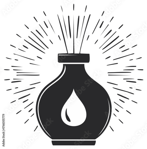 Hand drawn essential oil diffuser with radiating lines and a droplet icon for aromatherapy and wellness