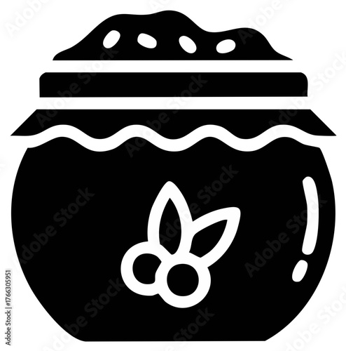 Black and white icon of a jar filled with preserves and decorated with olive branches
