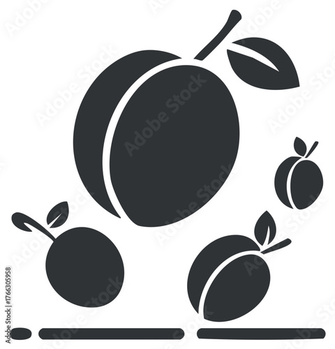 Plum fruit vector illustration in simple flat style, graphic design elements. Harvest plums with leaf, fruit.