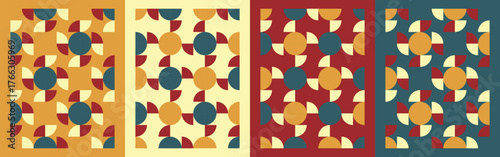Modern geometric seamless pattern in warm retro colors. Abstract minimal shapes creating vintage symmetry. Perfect for textile, wallpaper, branding, and digital art. EPS vector file
