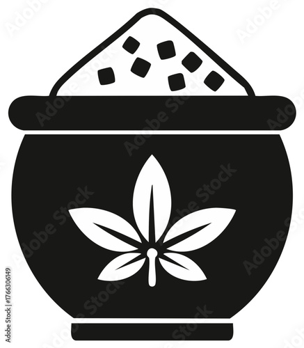 Black silhouette of a pot filled with sugar cubes and granulated sugar, adorned with a white stylized leaf symbol.