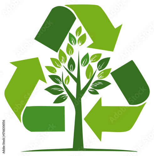 Recycling symbol with a tree silhouette representing environmental sustainability and conservation
