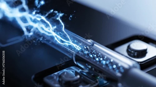 Close up of electrical discharge in a tube with blue lightning.