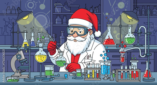 Santa Claus in a laboratory wearing a lab coat and safety goggles conducting a scientific experiment