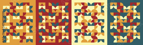 Modern geometric seamless pattern in warm retro colors. Abstract minimal shapes creating vintage symmetry. Perfect for textile, wallpaper, branding, and digital art. EPS vector file
