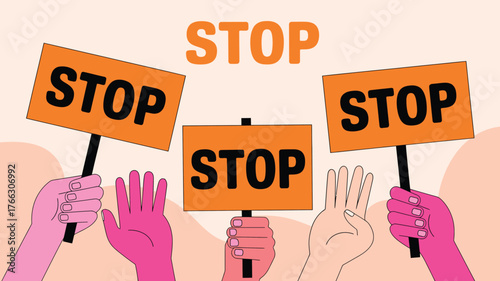 Animated Hands Holding Orange Stop Sign Protest Graphics, Illustration, Peach Background