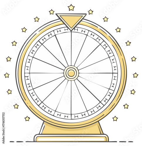 Spinning lucky game show prize wheel with pointer and sparkling star elements