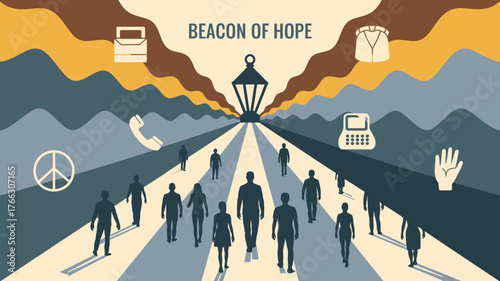 Beacon of Hope Silhouetted Figures Walking Towards Light, Communication Icons, and a Symbolic Landscape Illustration
