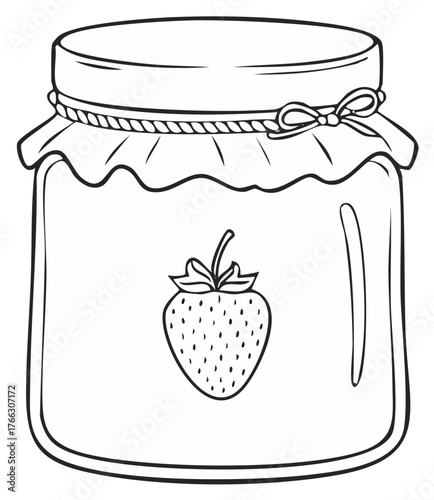 Strawberry jam preserve in glass jar simple line art drawing for coloring book page