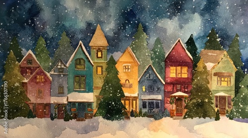 A watercolor of a Christmas village